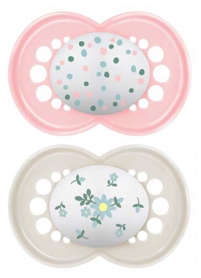 MAM 2 Sucettes Original Classique 18 Mois et + - Modèle : Pois Roses et Fleurs Bleues