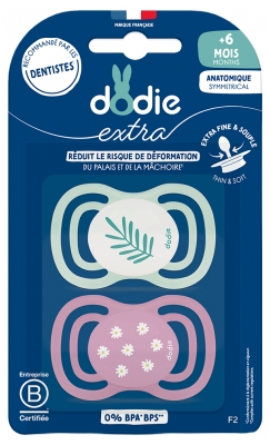 Dodie Extra 2 Anatomické dudlíky Symmetrical + 6 Měsíců - Barva: Listy / sedmikrásky