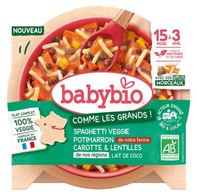 Babybio Veggie špagety s dýní, mrkví & čočkou a kokosovým mlékem pro děti od 15 měsíců do 3 let Bio 200 g