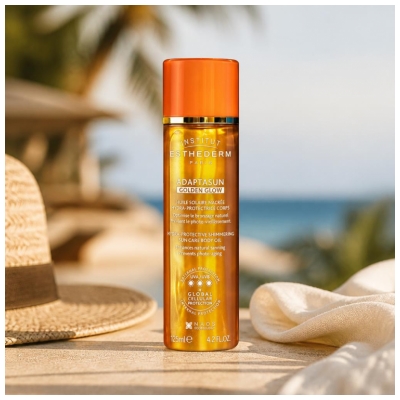 Ulei solar perlat hidratant și protector Institut Esthederm Adaptasun Golden Glow pentru corp, soare puternic 125 ml