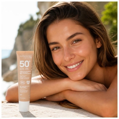 Alphanova Sun spalvotas auksinis apsauginis kremas nuo saulės SPF50+ Bio 40 g