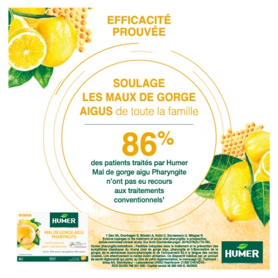 Humer Mal de Gorge Aigu Pharyngite Miel Citron 20 Pastilles