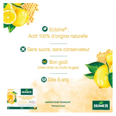 Humer Mal de Gorge Aigu Pharyngite Miel Citron 20 Pastilles