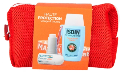 Isdin Fusion Water Magic Solcreme SPF50 50 ml Limited Edition Roland Garros + Protector Labial Læbebalsam SPF50 + 4 g og den medfølgende toilettaske
