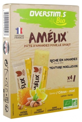 Overstims Amélix Pâte d'Amandes Bio 4 Barres - Saveur : Citron - Miel (à consommer de préférence avant le 24/06/2026)