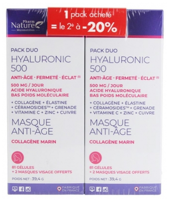 Pharm Nature Hyaluronic 500 Masque Anti-Âge Lot de 2 x 81 Gélules + 4 Masques Offerts (à consommer de préférence avant le 30/06/2026)