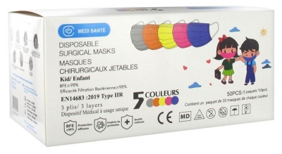Médi-Santé Maschera Chirurgica Monouso per Bambini Tipo IIR EFB 98% 5 Colori 50 Maschere (da consumarsi preferibilmente entro il 05/09/2026)