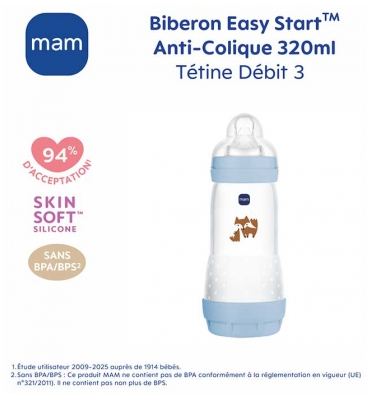 MAM Biberon Easy Start 320 ml 4 Mois et + Débit 3 Rapide - Couleur : Bleu