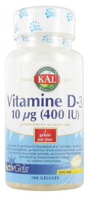 Kal D-3 Vitamīns 10 µg (400 IU) 100 Kapsulas (ieteicams izlietot līdz 01/09/2026)