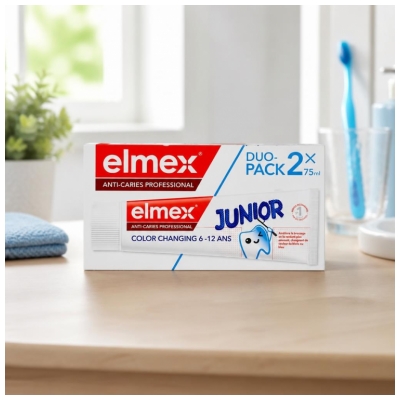 Elmex Junior pretkariesa profesionālā krāsu mainošā zobu pasta, komplekts 2 x 75 ml
