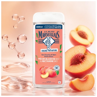Gel de Duș & Baie Extra Blând cu Piersică Albă și Nectarine Bio Le Petit Marseillais 650 ml