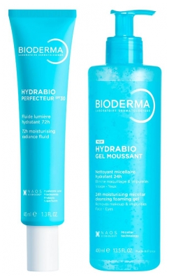 Bioderma Hydrabio Tobulinamasis švytėjimo suteikiantis drėkinamasis fluidas 72H SPF30 40 ml + Drėkinamasis micelinis putojantis prausimosi gelis 24H 400 ml