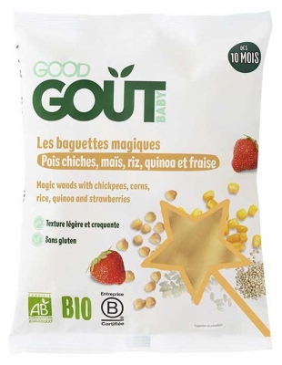 Good Goût Čarobne palčke s čičeriko, koruzo, rižem, kvinojo in jagodo od 10. meseca dalje bio 35 g (porabiti pred 29/09/2026)