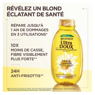 Garnier Ultra Doux Shampoing Illuminant Cheveux Blonds Naturels ou Méchés 300 ml