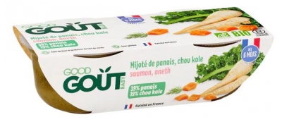 Good Goût Patisonų ir Kale kopūstų troškinys su lašiša 6 mėn. Ekologiškas 2 indeliuose (geriausiai vartoti iki 15/08/2026)