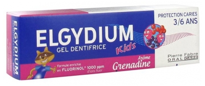 Elgydium Kinder-Zahnpasta-Gel Kariesschutz 3/6 Jahre 50 ml - Aroma : Granatapfel (mindestens haltbar bis 30.09.2026)