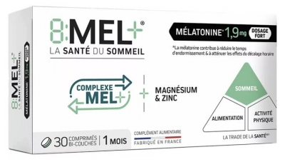 8Mel+ Melatoninas 1,9 mg 30 Dvisluoksnių Tablečių (geriausiai vartoti iki 30/09/2026)