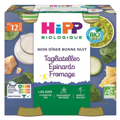 HiPP Min Godnatmiddag Tagliatelle Spinat Ost fra 12 Måneder Øko 2 Bægre