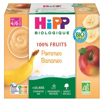 HiPP 100% Vaisiai Obuoliai Bananai nuo 4/6 mėn. Bio 4 indeliai