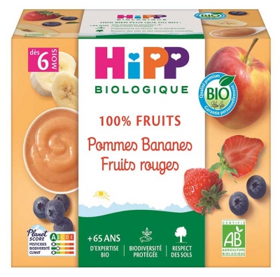 HiPP 100% Sadni Pire Jabolko Banana Rdeče Sadje od 6. Meseca Bio 4 Lončki