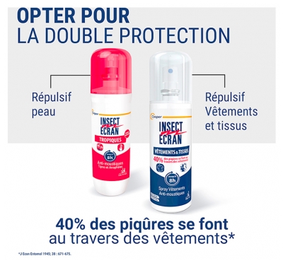 Insect Ecran Spray Insecticide Vêtements & Tissus 100 ml + Anti-Moustiques Spray Répulsif Peau Spécial Tropiques 75 ml