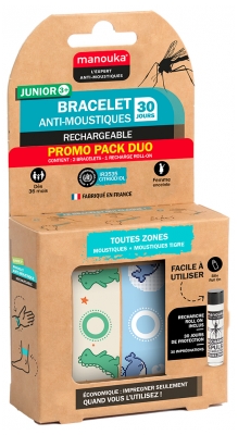 Manouka Mückenschutz-Armband Junior 3+ 2er-Set + Nachfüllpackung 6 ml