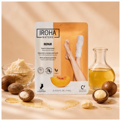 Mască pentru Picioare Reparatoare Iroha Nature cu Piersică și Unt de Shea 2 x 9 ml