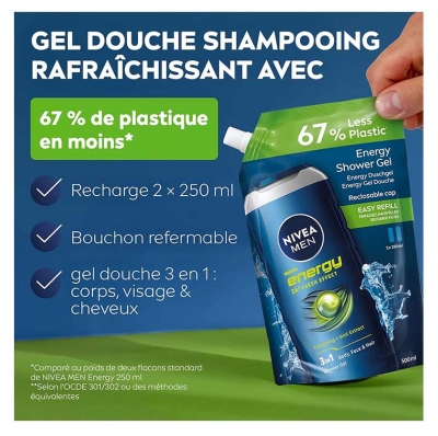 Nivea Men Energy Gel Douche 3en1 Fraicheur 24H Éco-Recharge 500 ml