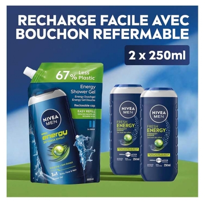 Nivea Men Energy Gel Douche 3en1 Fraicheur 24H Éco-Recharge 500 ml