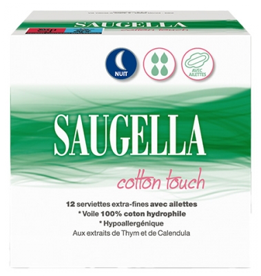 Saugella Cotton Touch Nuit 12 Serviettes Extra-Fines avec Ailettes