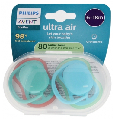 Avent Ultra Air 2 Einfarbige kiefergerechte Schnuller 6-18 Monate - Farbe: Grün und Blau