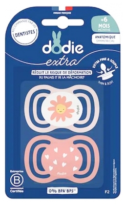 Dodie Extra 2 anatomische Symmetrical Schnuller + 6 Monate - Farbe: Blume/Herzen