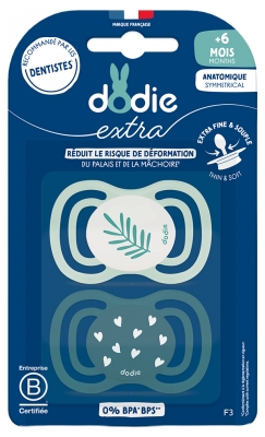 Dodie Extra 2 anatomische Symmetrical Schnuller + 6 Monate - Farbe: Blatt/Herzen