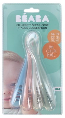 Béaba 4 Cuillères Silicone 1er Âge 4 Mois et + - Couleur : Bleu, Rose, Gris, Kaki