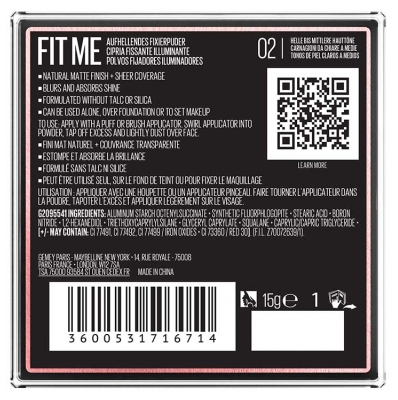 Maybelline New York Fit Me Poudre Fixatrice Matifiante 15 g - Teinte : 02 Rose