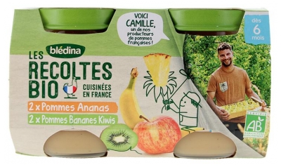 Blédina Les Récoltes Bio Äpfel Ananas + Äpfel Bananen Kiwis ab 6 Monaten Bio 4 Becher (mindestens haltbar bis 24.11.2026)