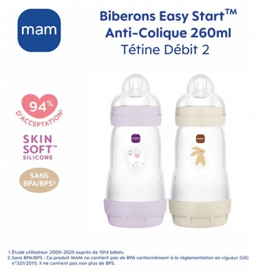 MAM 2 Biberons Easy Start 260 ml 2 Mois et + Débit 2 - Couleur : Lilas/Sable