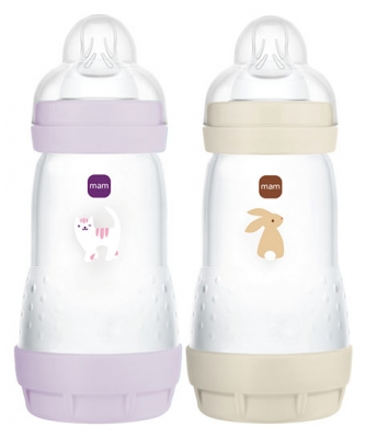 MAM 2 Biberons Easy Start 260 ml 2 Mois et + Débit 2 - Couleur : Lilas/Sable