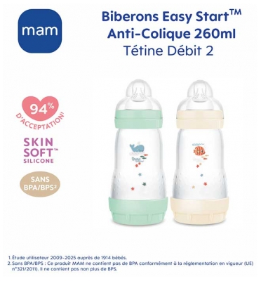 MAM 2 Biberons Easy Start 260 ml 2 Mois et + Débit 2