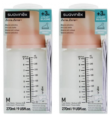 Suavinex Zero.Zero Medium Flow Anti-Colic Feeding Bottle 270 ml 3 Months and up x 2