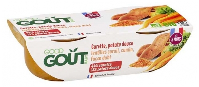 Good Goût Cenoura Batata-Doce Lentilhas Vermelhas Cominhos ao estilo Dahl a partir dos 8 Meses Bio 2 Boiões (a consumir de preferência antes de 01/12/2026)