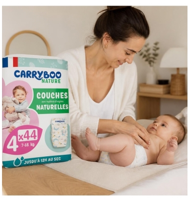 Carryboo Nature 44 Couches Peaux Sensibles 12h Anti-Fuite Taille 4 (7-18 kg)
