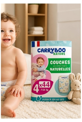 Carryboo Nature 44 Couches Peaux Sensibles 12h Anti-Fuite Taille 4 (7-18 kg)