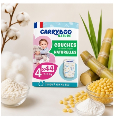 Carryboo Nature 44 Couches Peaux Sensibles 12h Anti-Fuite Taille 4 (7-18 kg)