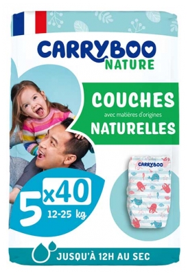 Carryboo Nature 40 Couches Peaux Sensibles 12h Anti-Fuite Taille 5 (12-25 kg)