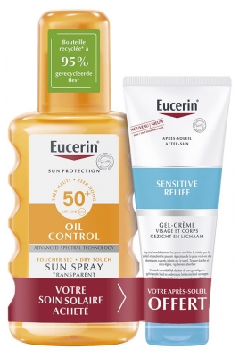 Eucerin Sun Protection Oil Control Sun Spray Transparent SPF50+ 200ml + Sensitive Relief After-Sun Cream-Gel 50ml Free (best before 31/12/2026)