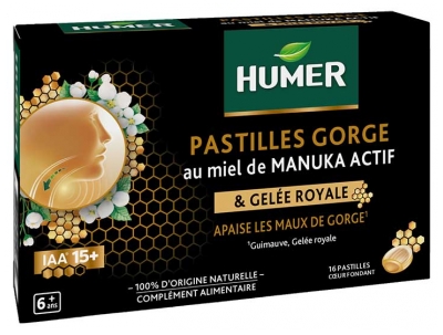 Humer Sugtabletter för Halsen med Aktiv Manukahonung IAA 15+ & Drottninggelé 16 Sugtabletter
