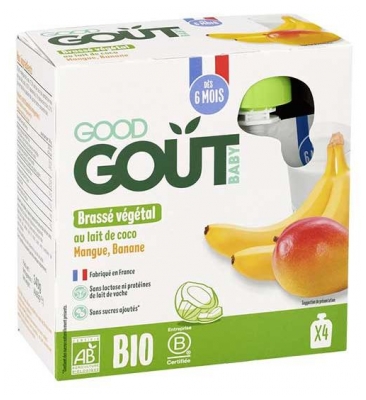Good Goût Brassé Végétal au Lait de Coco Mangue Banane Dès 6 Mois Bio 4 Gourdes de 85 g (à consommer de préférence avant le 06/01/2027)