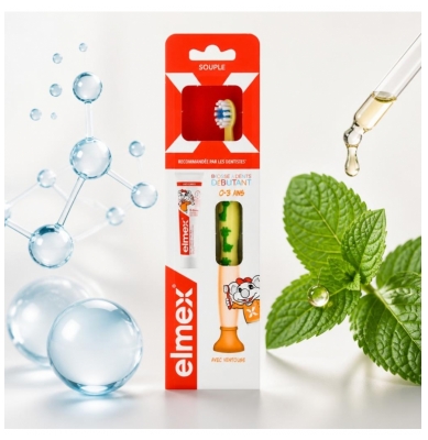 Elmex Escova de Dentes Suave Iniciante 0-3 Anos + Mini Pasta de Dentes Anti-Cáries 0-6 Anos 12 ml
