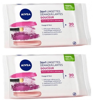 Nivea Toallitas Desmaquillantes Suaves 3en1 Piel Seca & Sensible Lote de 2 x 20 Toallitas